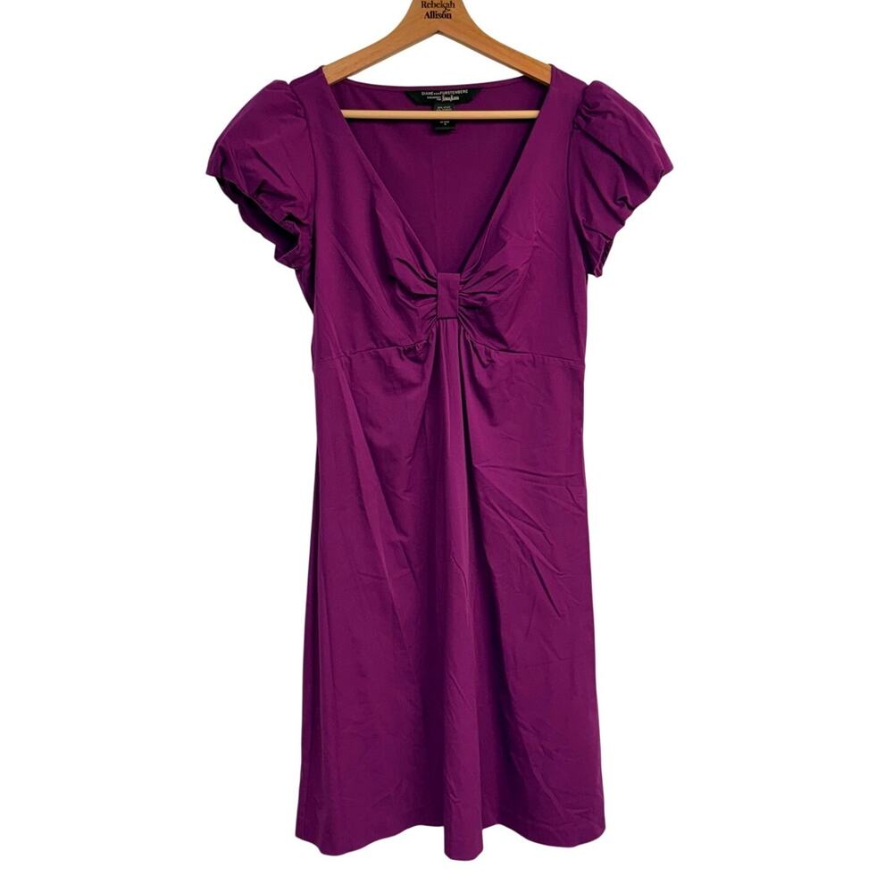 Diane Von Furstenberg New Fara VTG Bow Bodice Y2K Puff Sleeve Purple Dress SZ 8